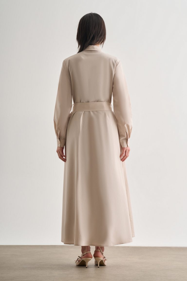 Mizalle Premium Saf Pamuk Taş Rengi Piliseli Uzun Elbise - Mizalle