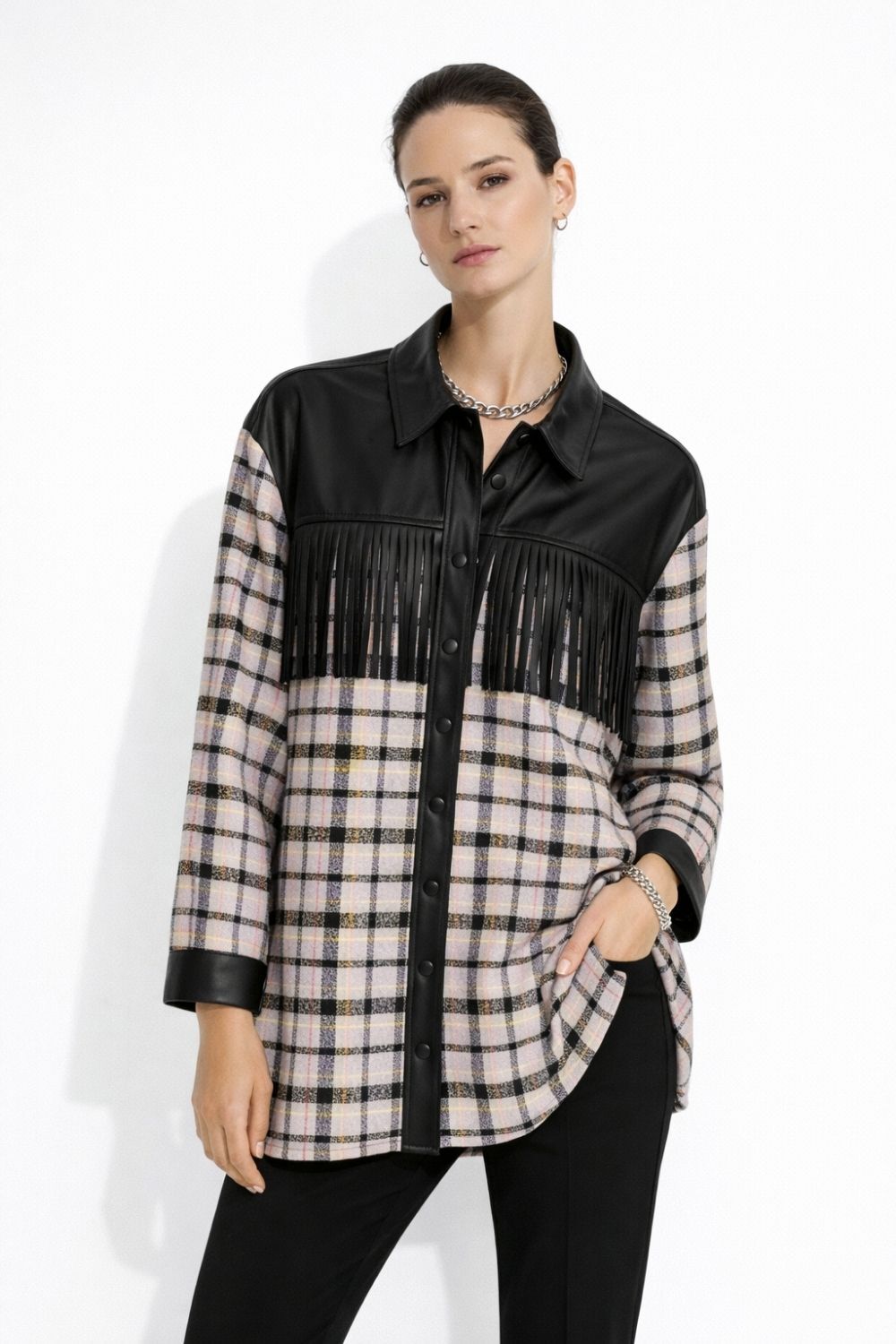 Mizalle Püskül Detalı Lila Ekoseli Gömlek Tunik - Mizalle