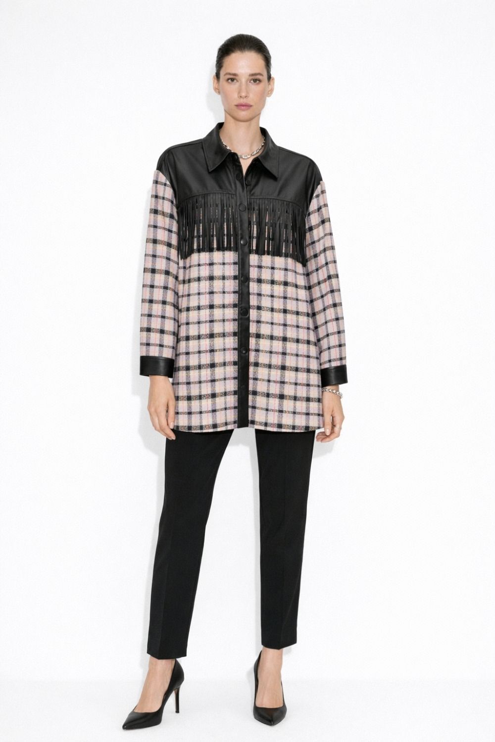 Mizalle Püskül Detalı Lila Ekoseli Gömlek Tunik - 2