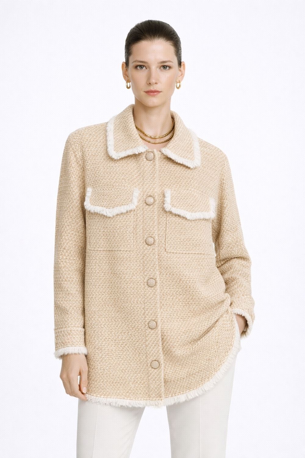 Mizalle Püsküllü Bej Beyaz Tüvit Dokuma Tunik - Mizalle