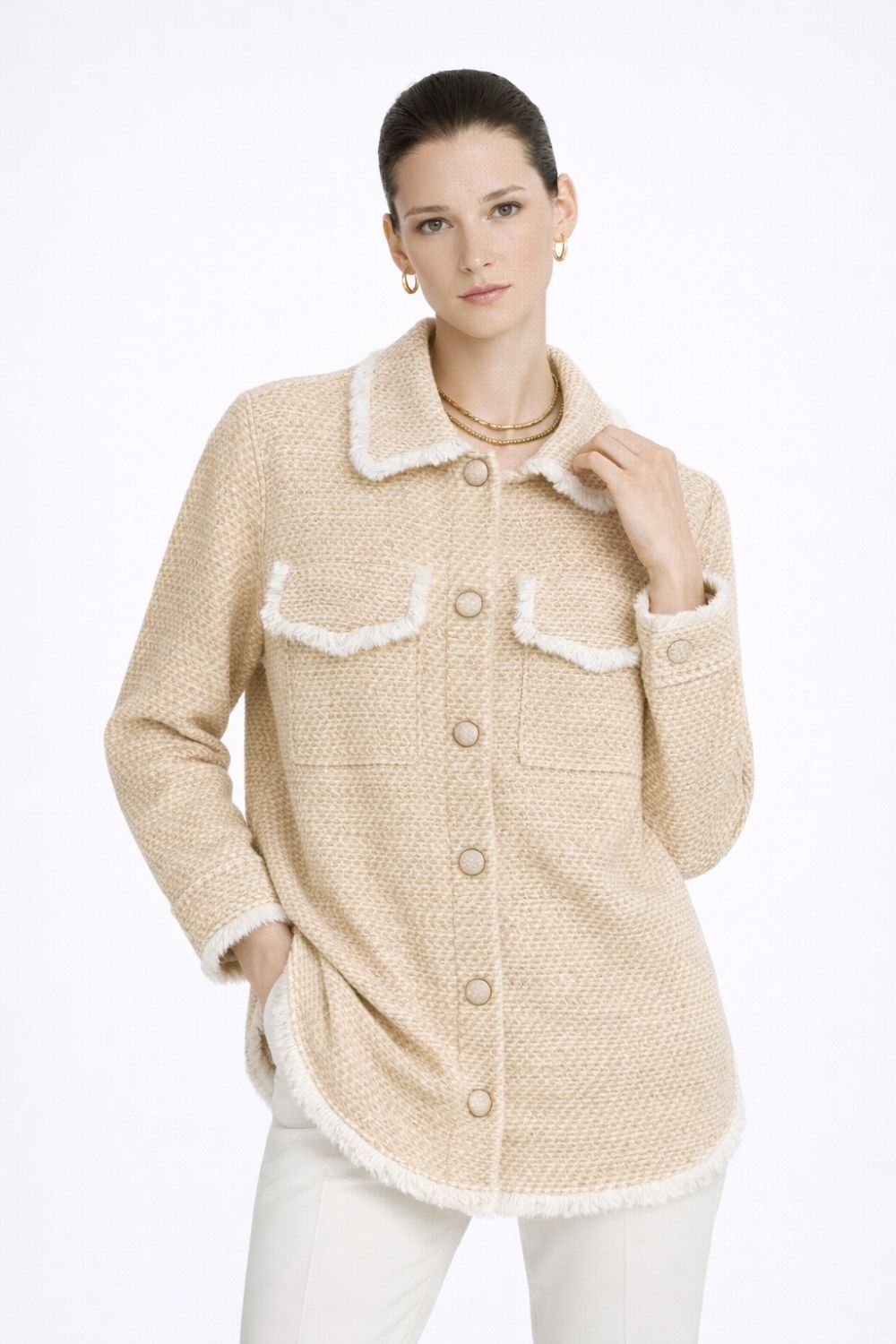 Mizalle Püsküllü Bej Beyaz Tüvit Dokuma Tunik - Mizalle