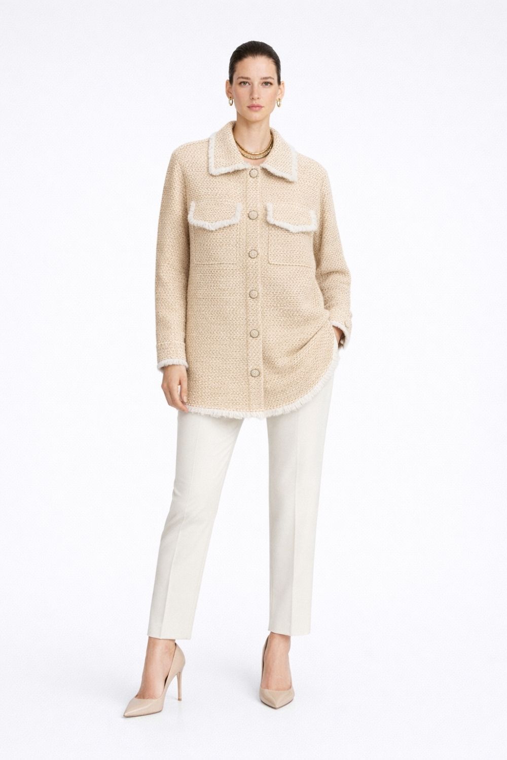 Mizalle Püsküllü Bej Beyaz Tüvit Dokuma Tunik - 3