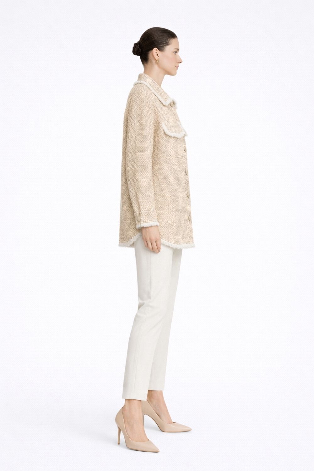 Mizalle Püsküllü Bej Beyaz Tüvit Dokuma Tunik - 4