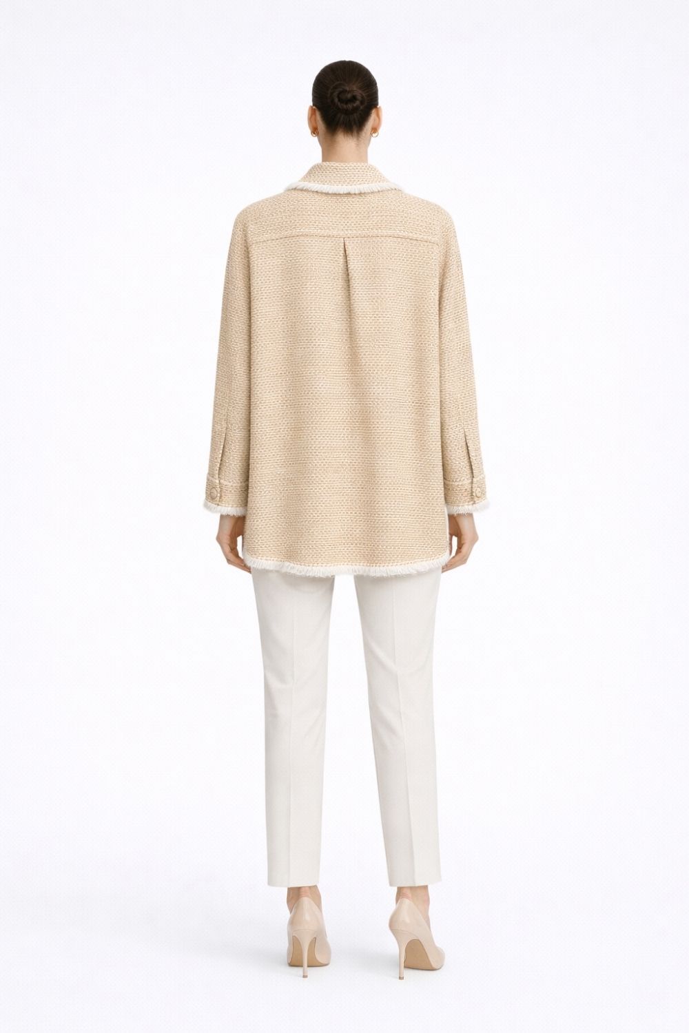 Mizalle Püsküllü Bej Beyaz Tüvit Dokuma Tunik - Mizalle