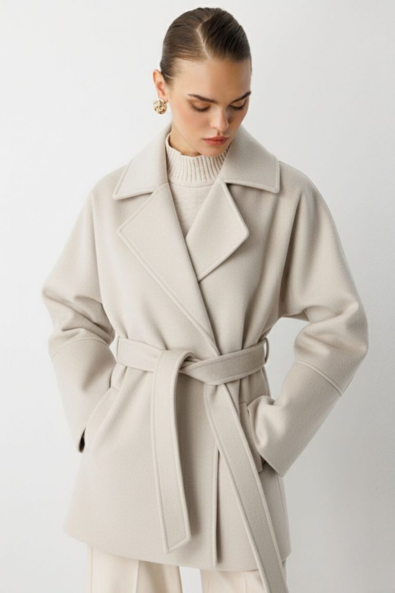 Mizalle Rahat Kesim Yünlü Kısa Bej Rengi Kaşe Kaban - Mizalle