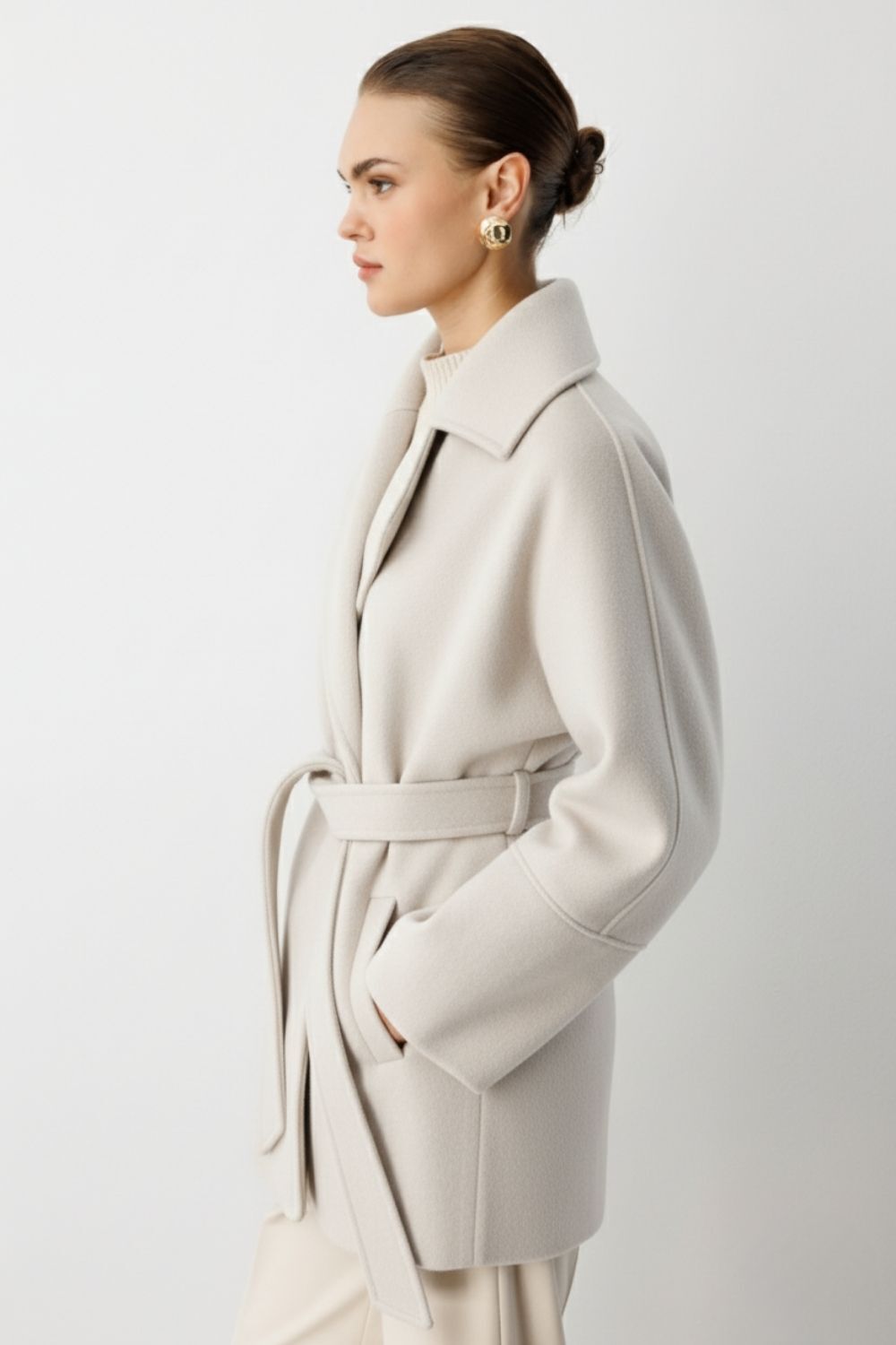 Mizalle Rahat Kesim Yünlü Kısa Bej Rengi Kaşe Kaban - 3