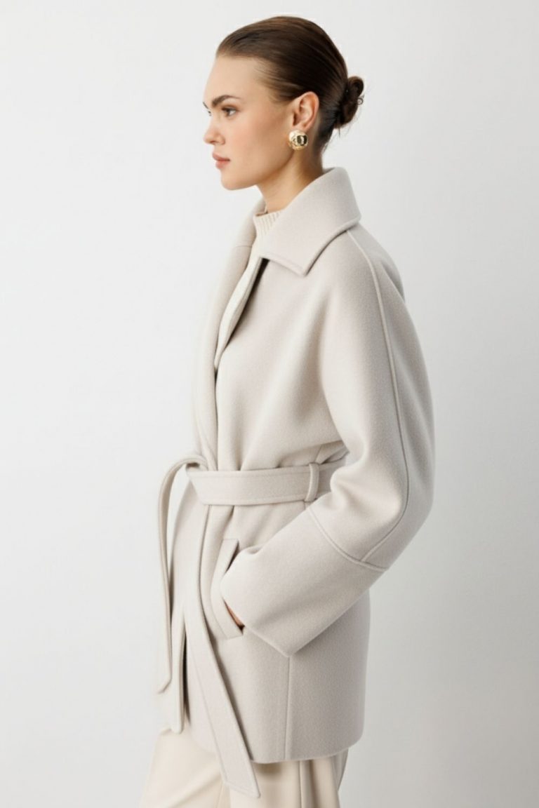 Mizalle Rahat Kesim Yünlü Kısa Bej Rengi Kaşe Kaban - Mizalle