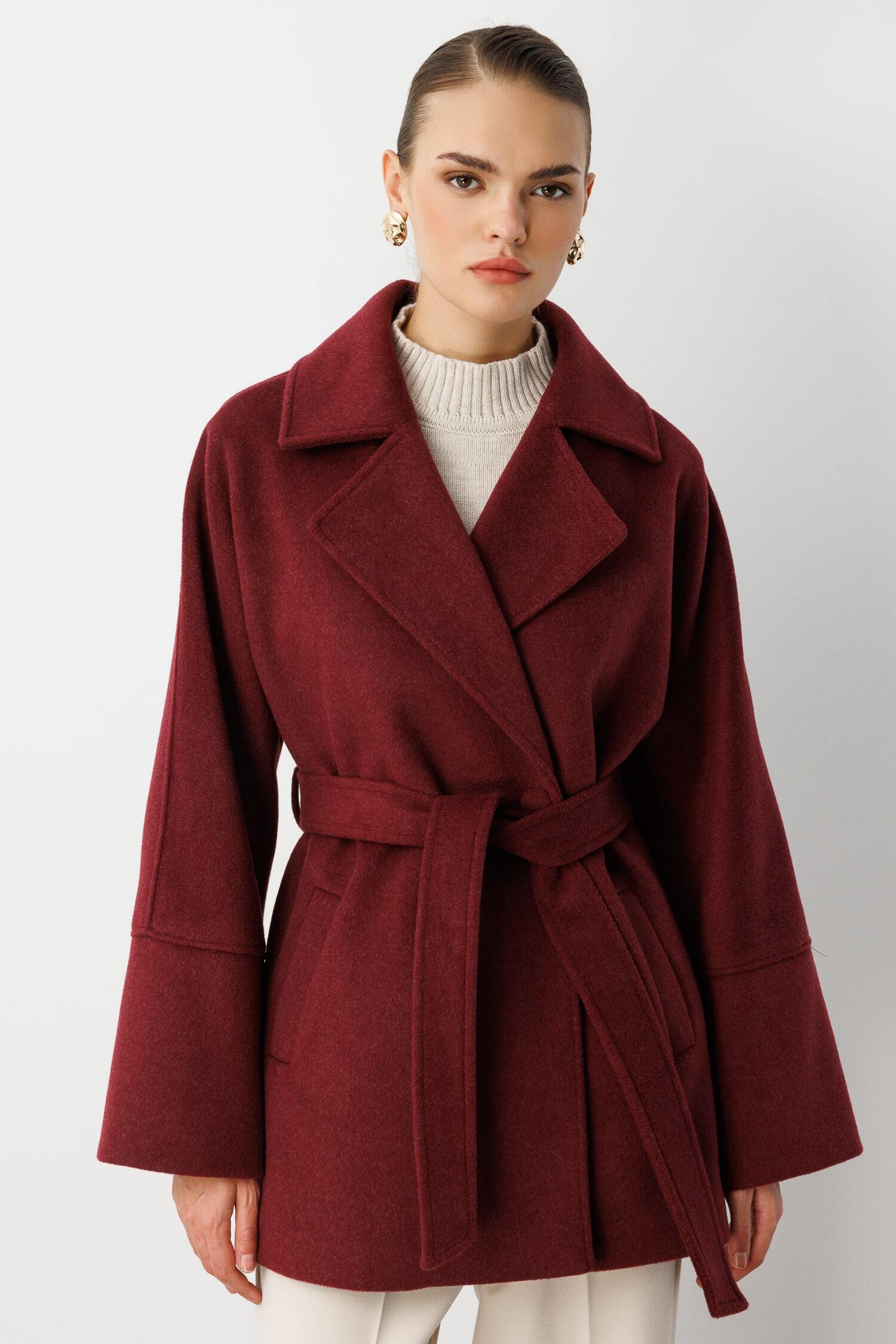 Mizalle Rahat Kesim Yünlü Kısa Mürdüm Kaşe Kaban - 2