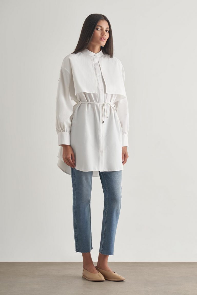 Mizalle Rüzgarlıklı Hakim Yaka Uzun Ekru Gömlek - Mizalle