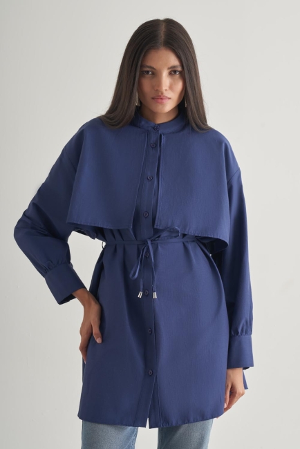 Mizalle - Mizalle Rüzgarlıklı Hakim Yaka Uzun İndigo Mavi Gömlek Mizalle - Mizalle Rüzgarlıklı Hakim Yaka Uzun İndigo Mavi Gömlek