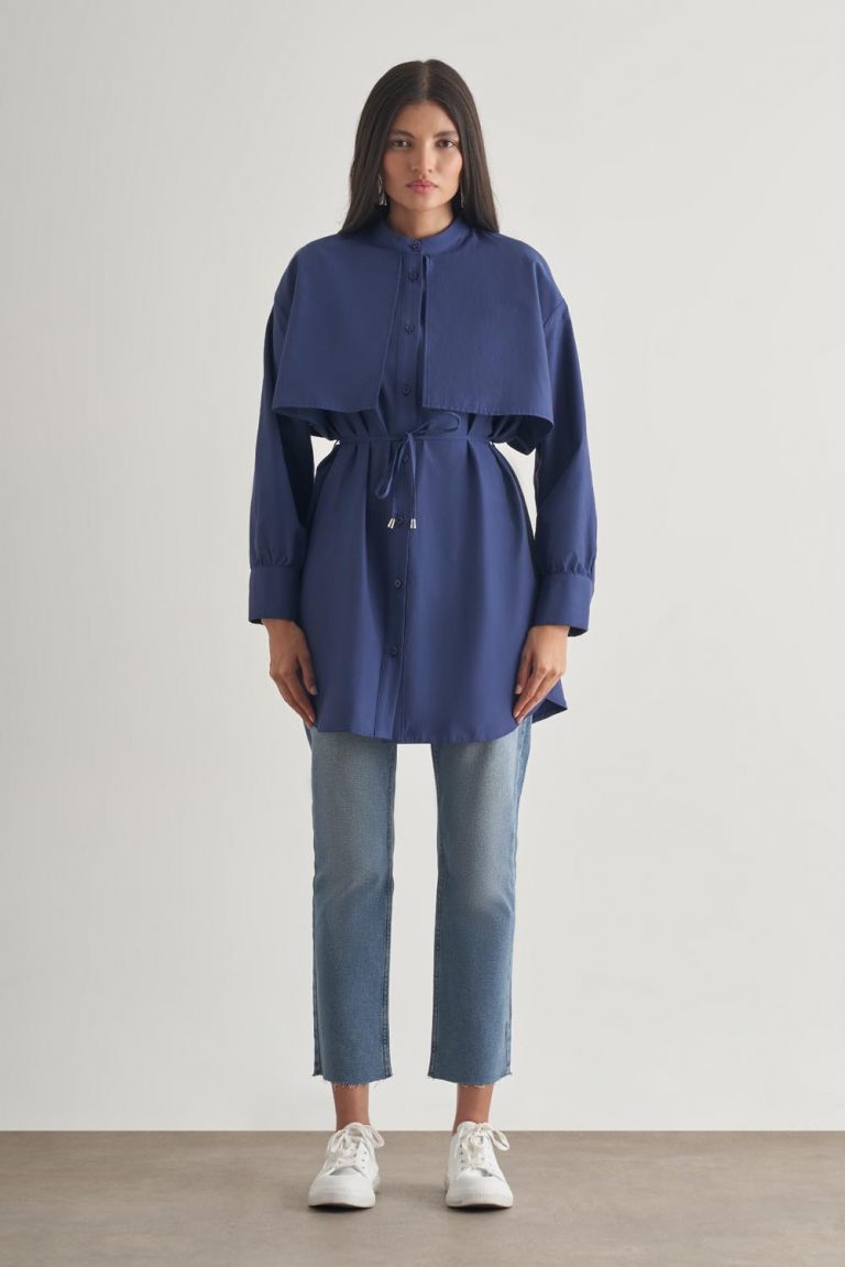 Mizalle Rüzgarlıklı Hakim Yaka Uzun İndigo Mavi Gömlek - Mizalle