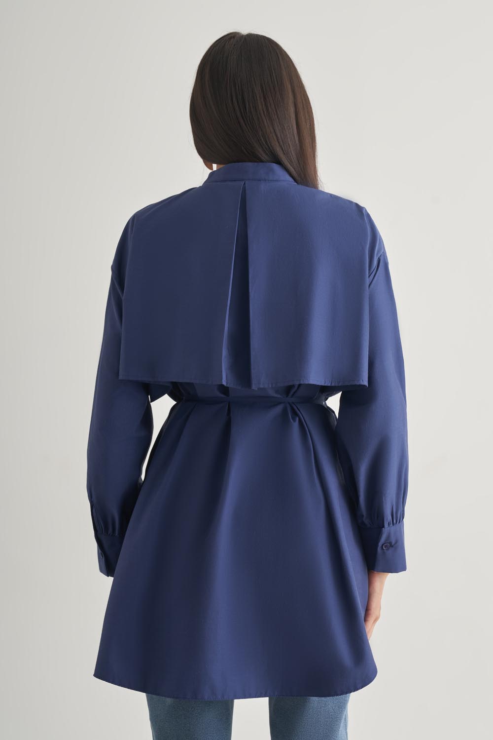 Mizalle Rüzgarlıklı Hakim Yaka Uzun İndigo Mavi Gömlek