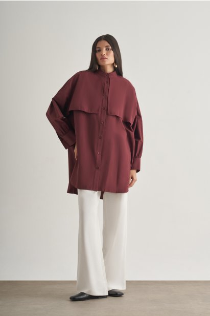 Mizalle Rüzgarlıklı Hakim Yaka Uzun Mürdüm Rengi Gömlek - Mizalle