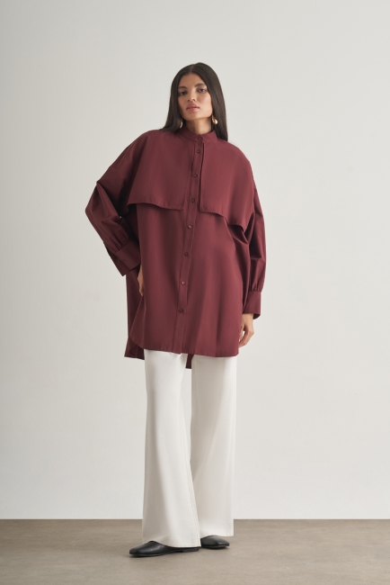 Mizalle - Mizalle Rüzgarlıklı Hakim Yaka Uzun Mürdüm Rengi Gömlek