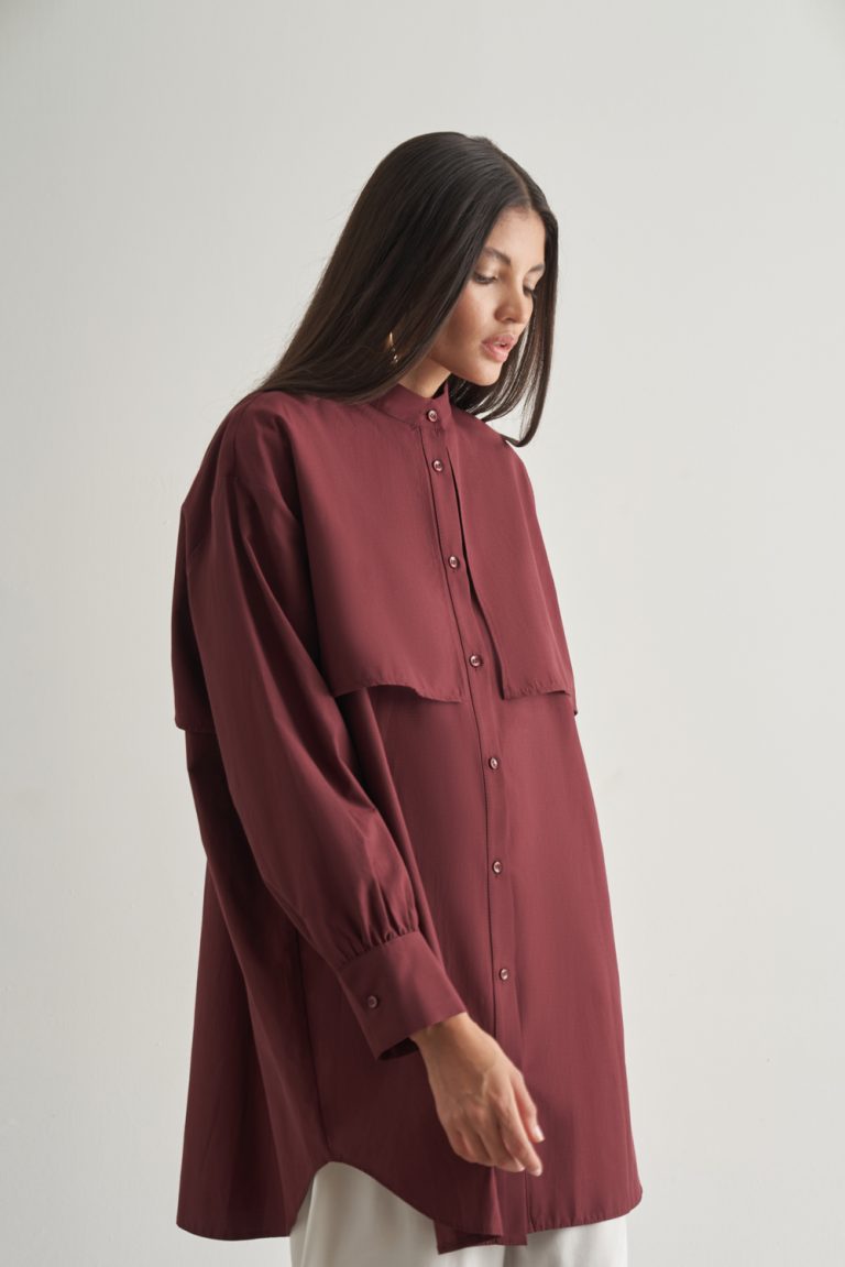 Mizalle Rüzgarlıklı Hakim Yaka Uzun Mürdüm Rengi Gömlek - Mizalle