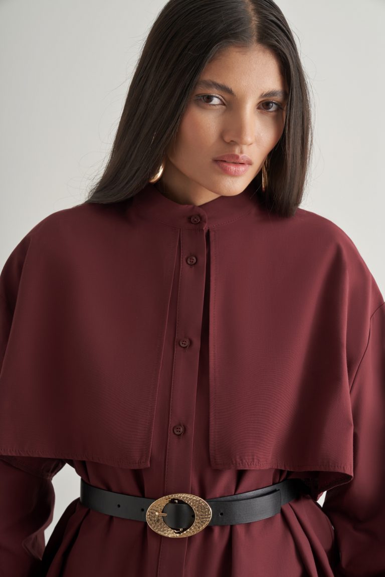 Mizalle Rüzgarlıklı Hakim Yaka Uzun Mürdüm Rengi Gömlek - Mizalle