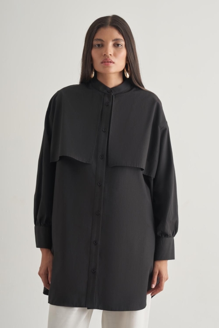 Mizalle - Mizalle Rüzgarlıklı Hakim Yaka Uzun Siyah Gömlek