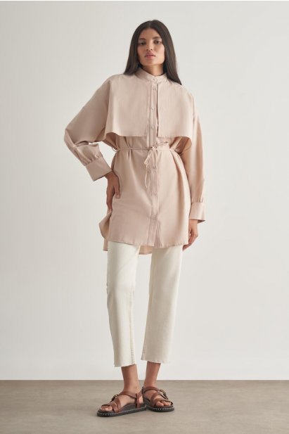 Mizalle Rüzgarlıklı Hakim Yaka Uzun Taş Rengi Gömlek - Mizalle