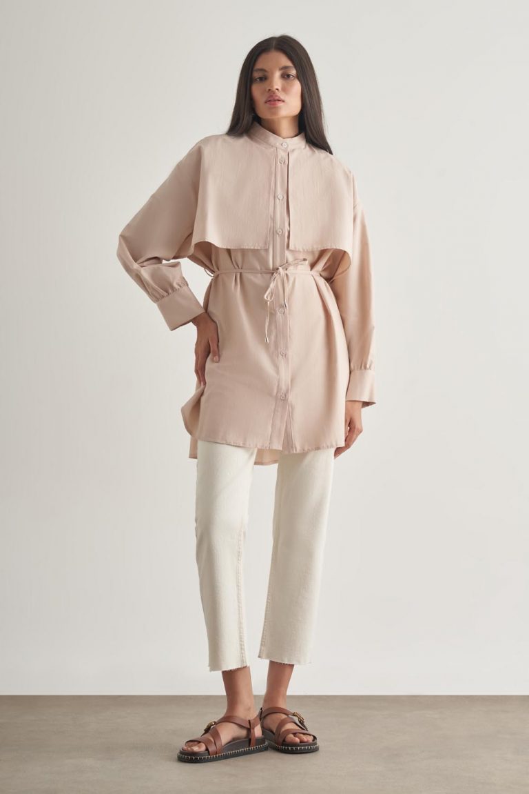 Mizalle Rüzgarlıklı Hakim Yaka Uzun Taş Rengi Gömlek - Mizalle