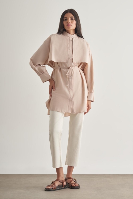 Mizalle - Mizalle Rüzgarlıklı Hakim Yaka Uzun Taş Rengi Gömlek