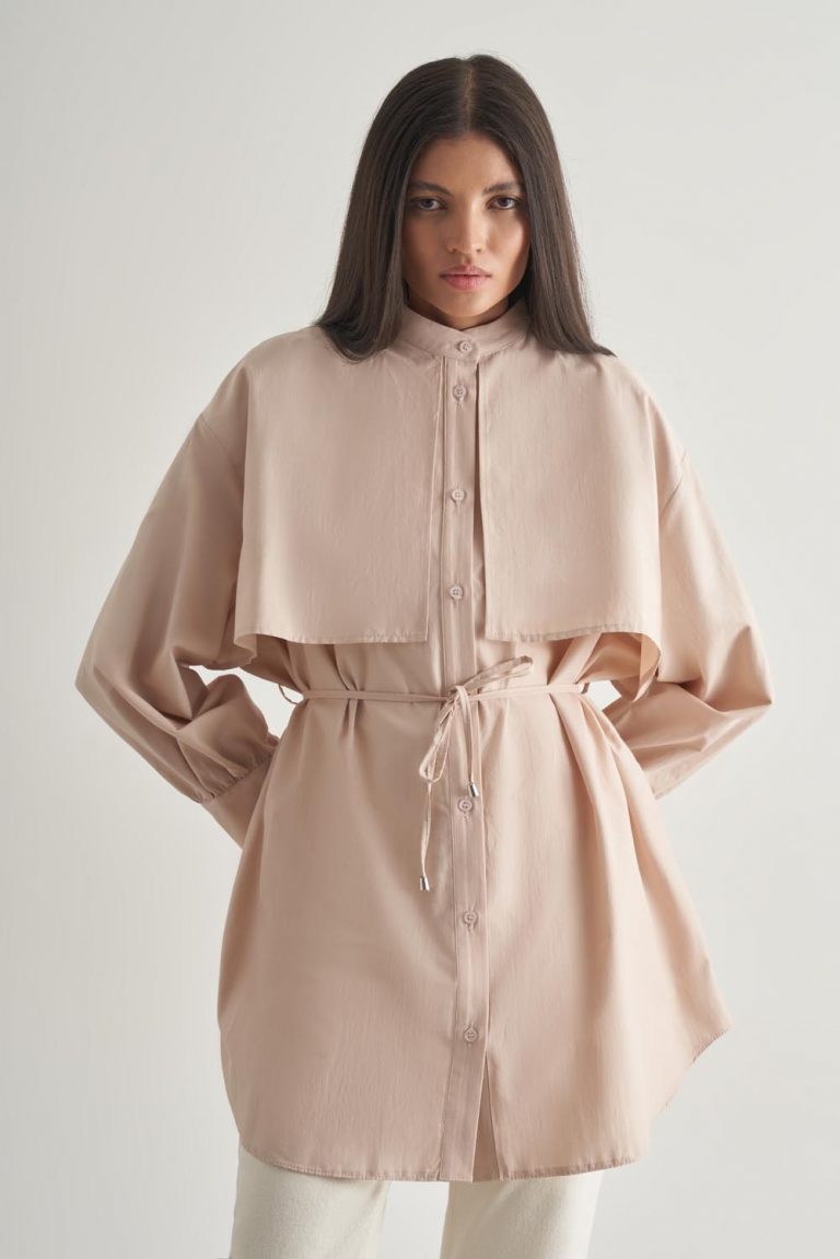 Mizalle Rüzgarlıklı Hakim Yaka Uzun Taş Rengi Gömlek - Mizalle