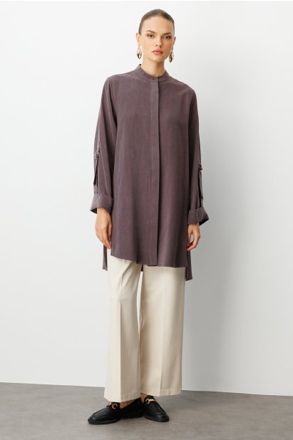 Mizalle Safari Kol Detaylı Kahverengi Cupro Tunik - Mizalle