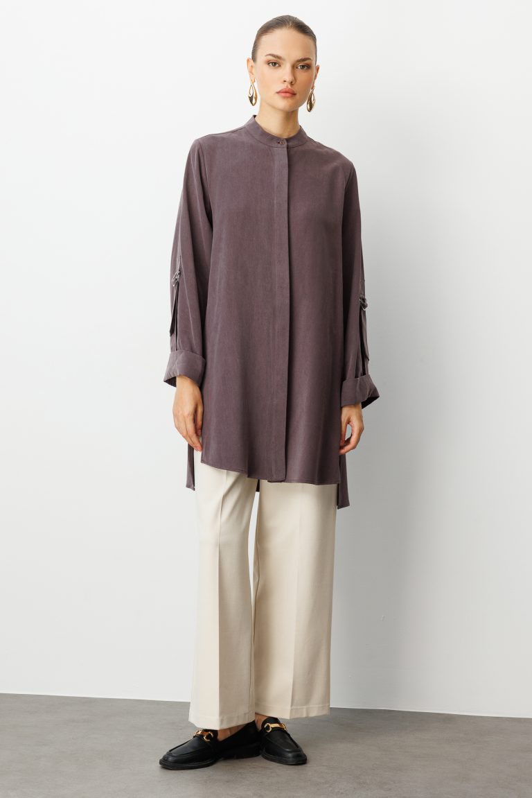 Mizalle Safari Kol Detaylı Kahverengi Cupro Tunik - Mizalle