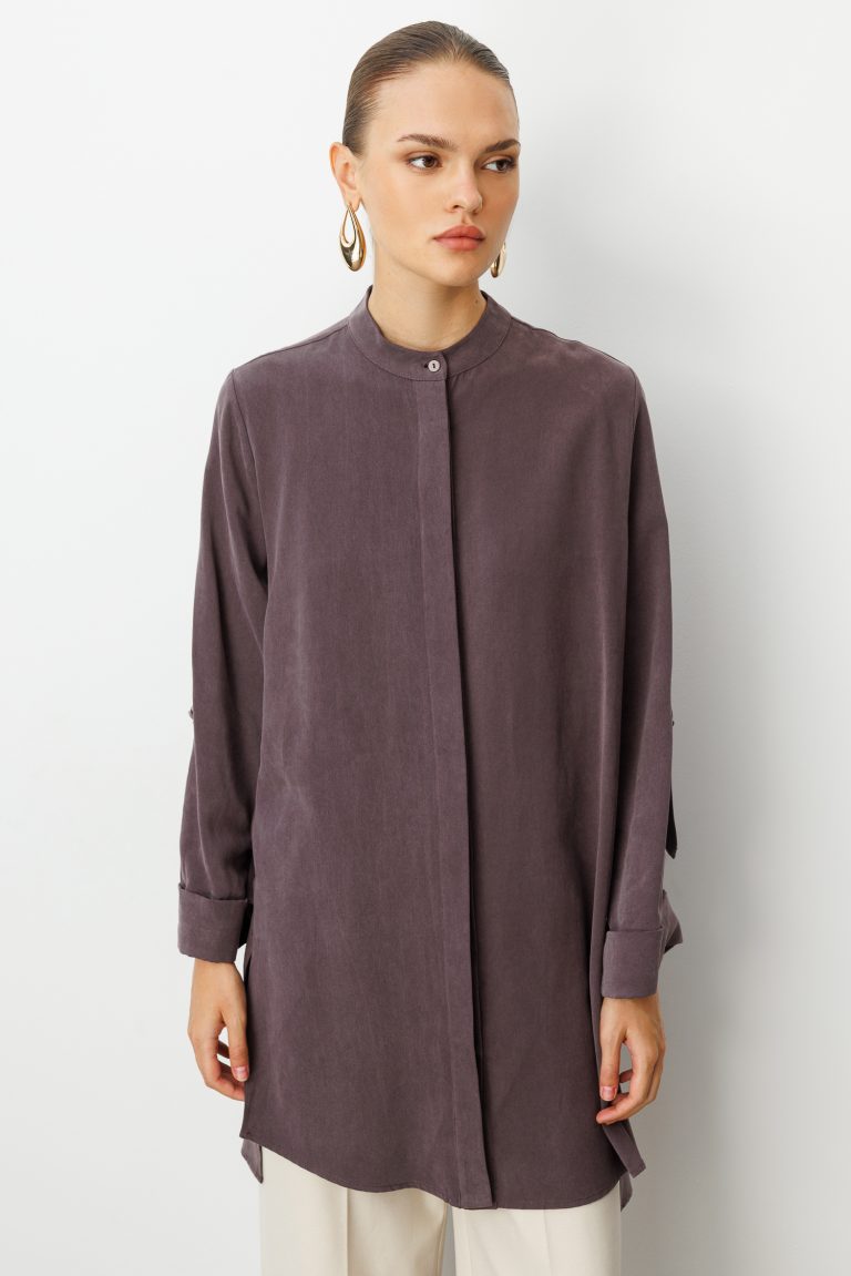 Mizalle Safari Kol Detaylı Kahverengi Cupro Tunik - Mizalle