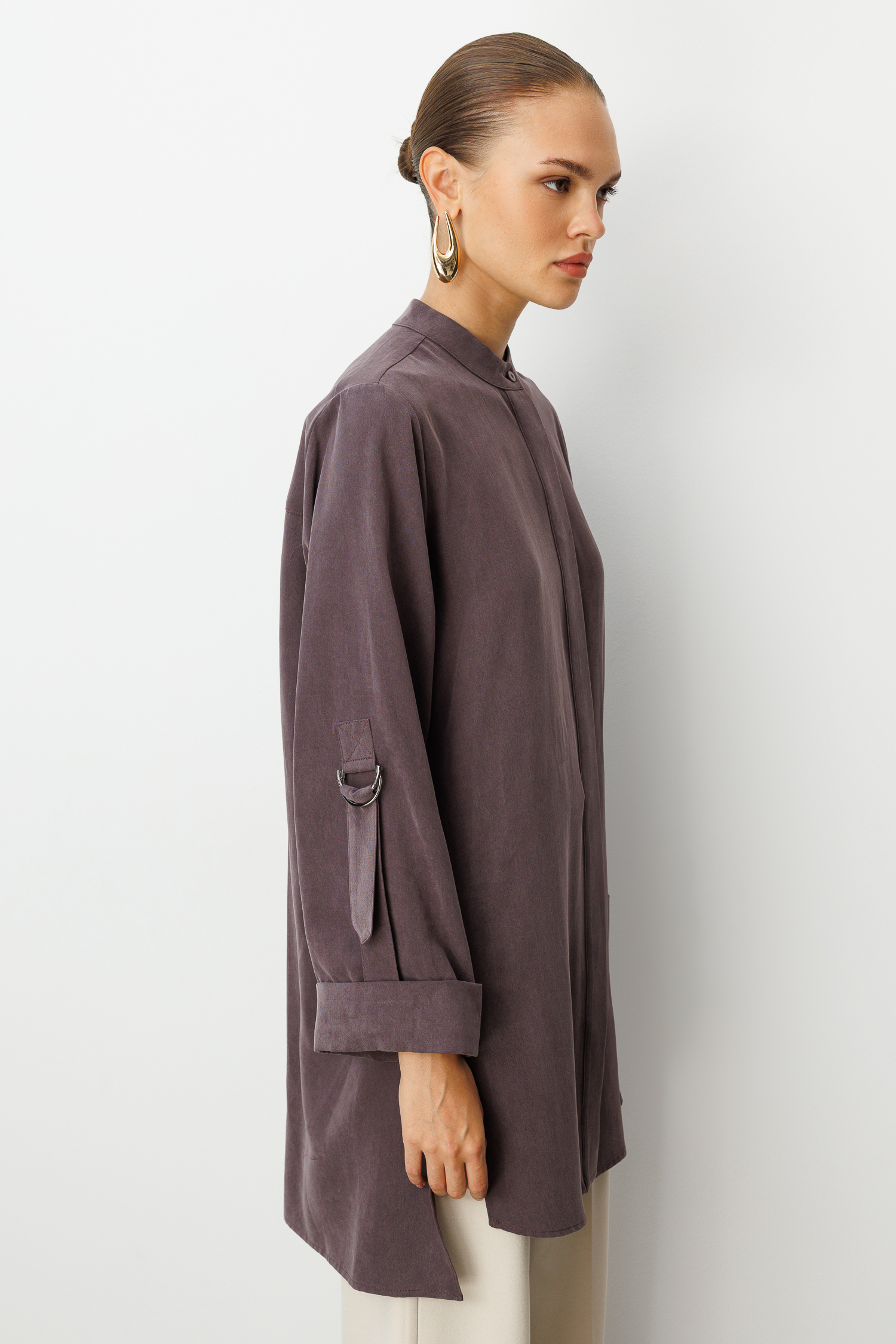 Mizalle Safari Kol Detaylı Kahverengi Cupro Tunik - 3