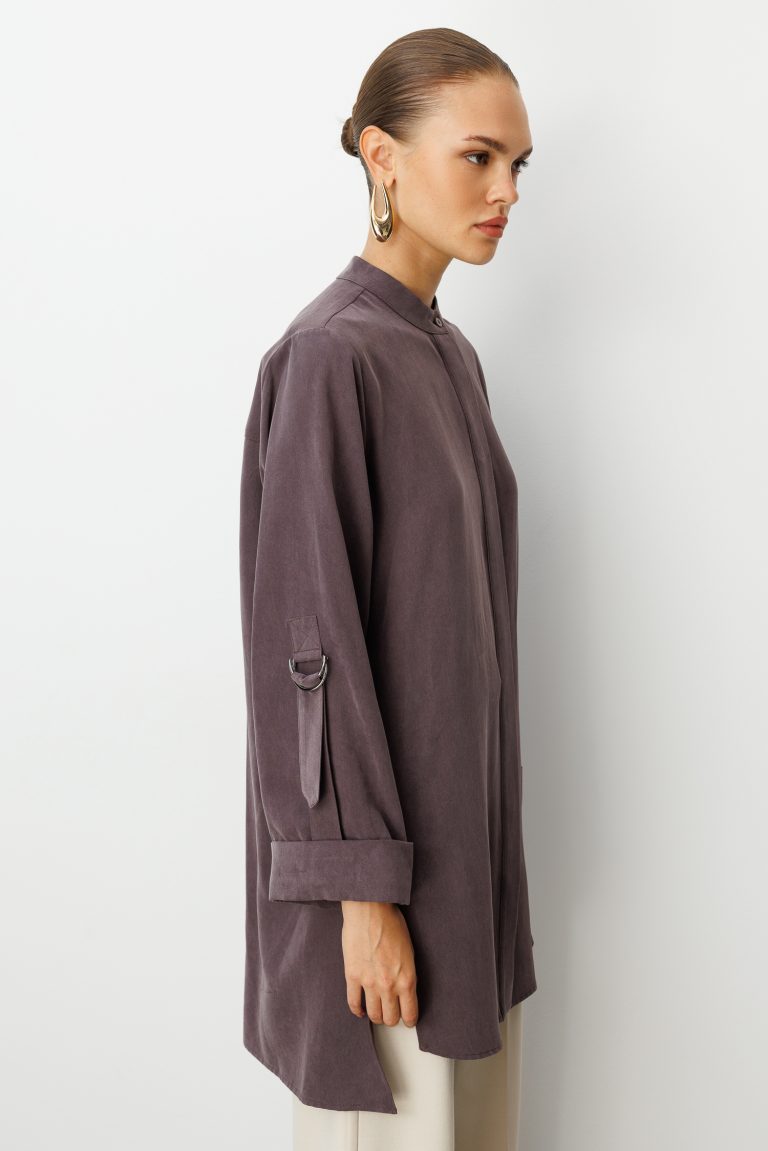 Mizalle Safari Kol Detaylı Kahverengi Cupro Tunik - Mizalle