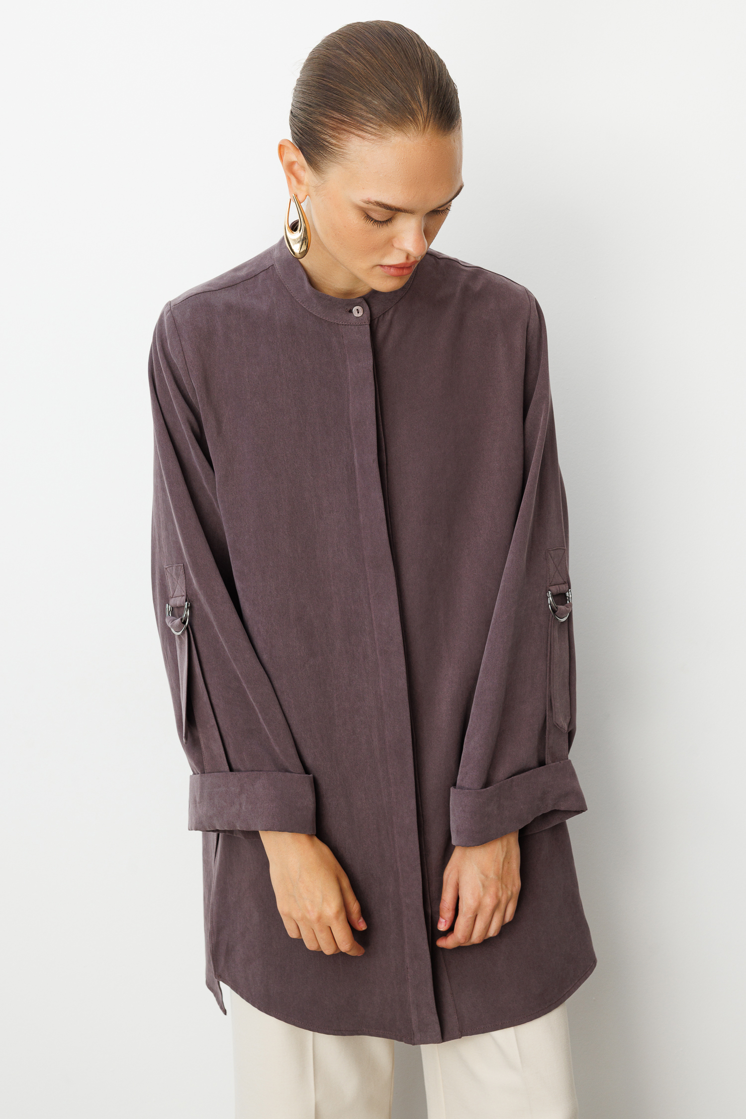 Mizalle Safari Kol Detaylı Kahverengi Cupro Tunik - 4