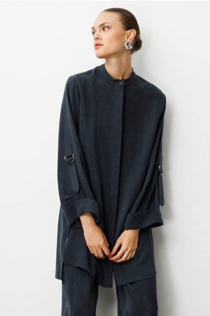 Mizalle Safari Kol Detaylı Siyah Cupro Tunik - Mizalle