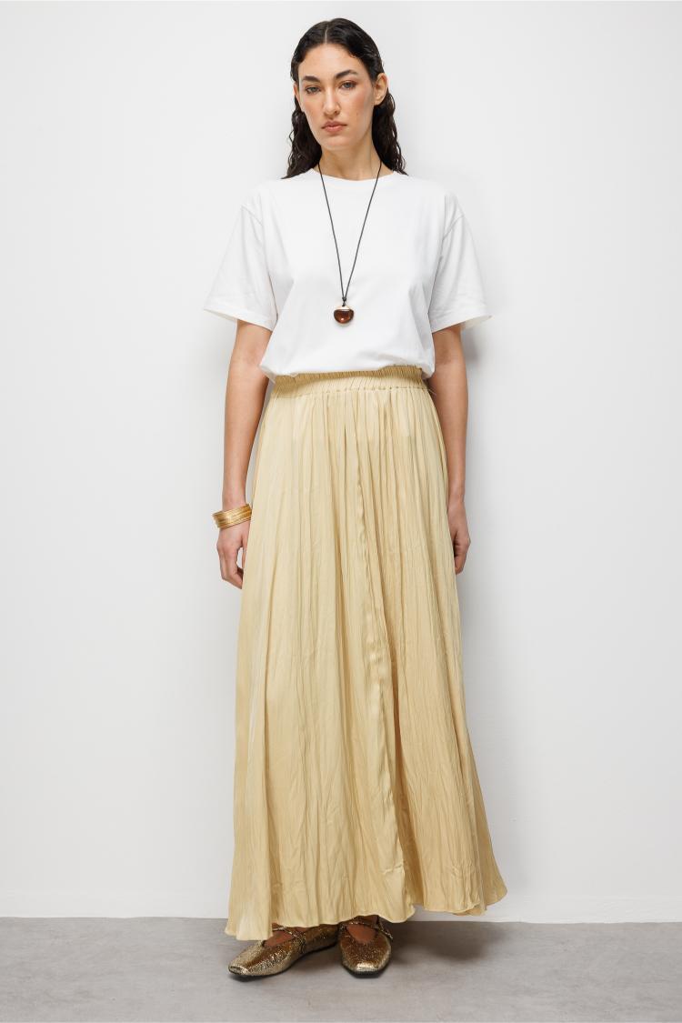 Mizalle Sarı Kırışık Görünümlü Saten Maksi Etek - Mizalle