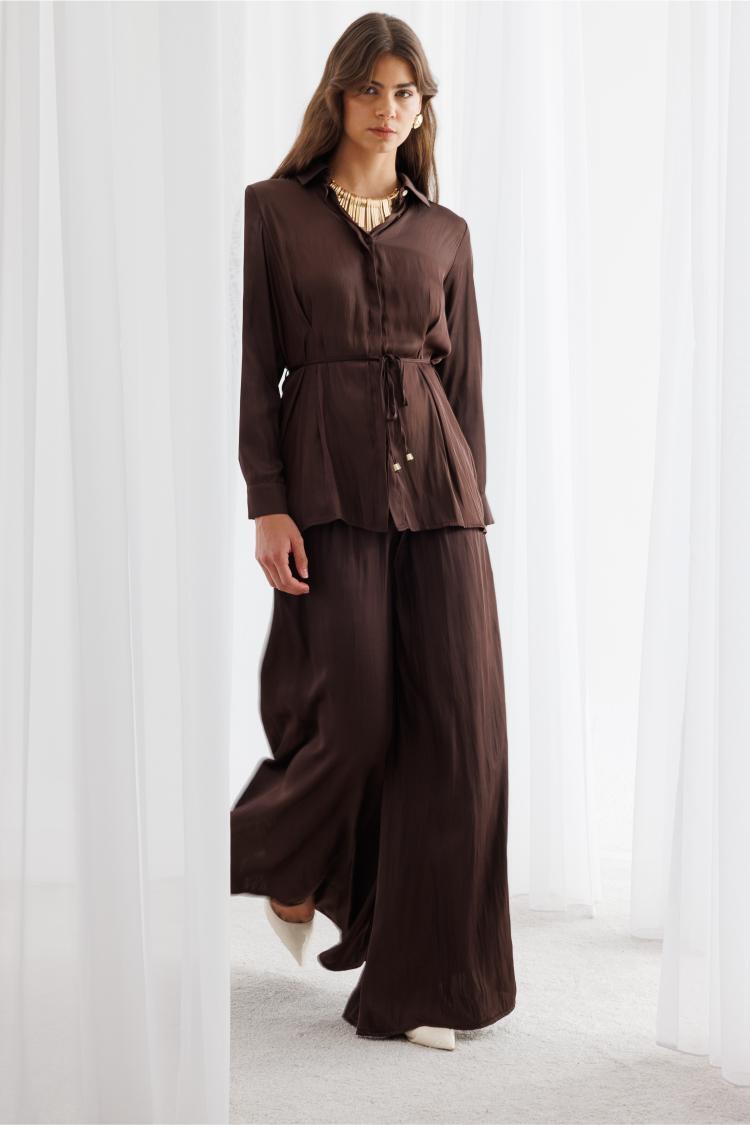 Mizalle Saten Kraş Detaylı Kadın Kahverengi Tunik - 6