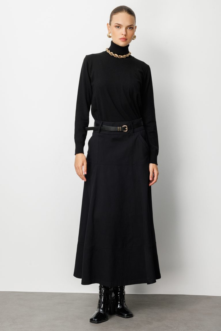 Mizalle Siyah A Kesim Kemerli Kalın Volanlı Maksi Etek - Mizalle