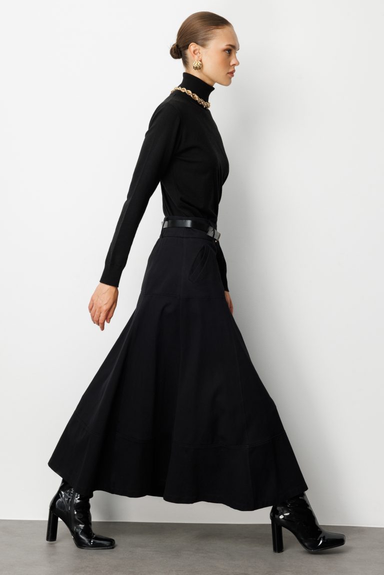 Mizalle Siyah A Kesim Kemerli Kalın Volanlı Maksi Etek - Mizalle