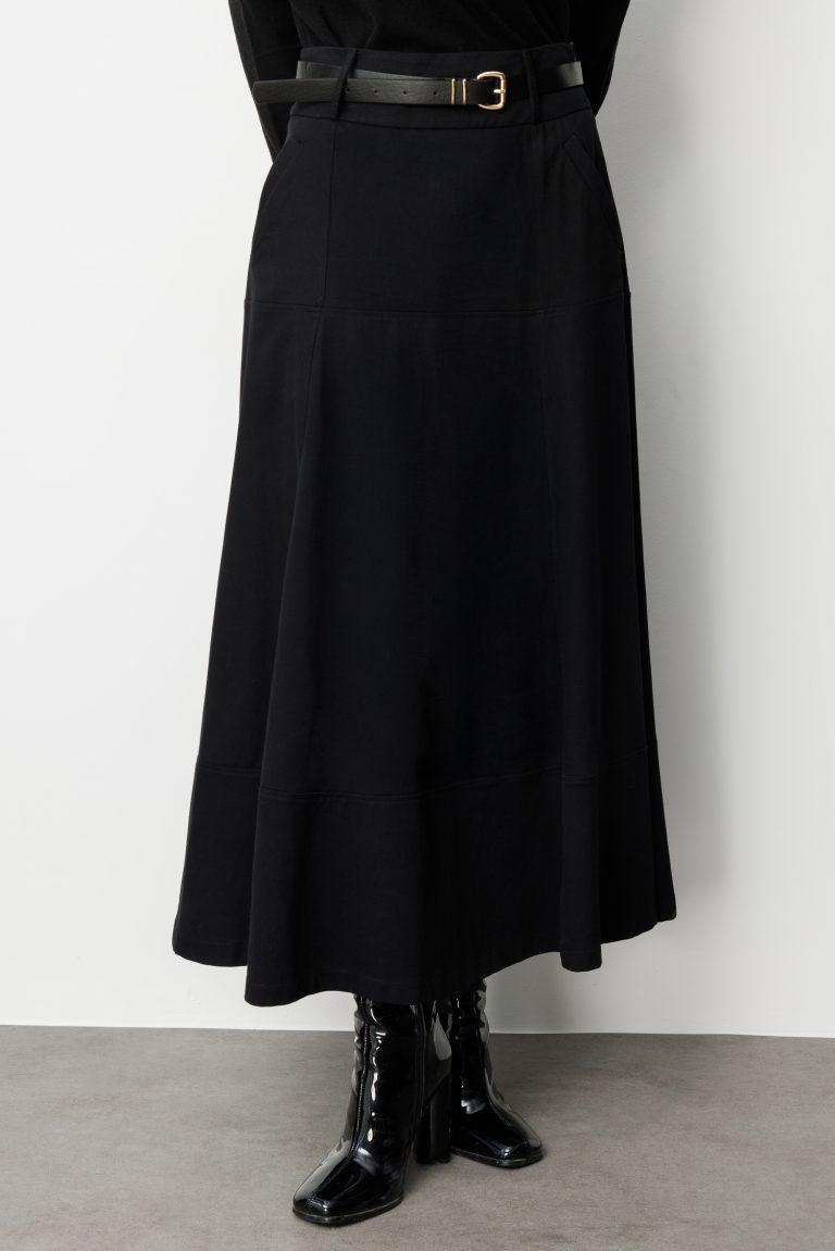 Mizalle Siyah A Kesim Kemerli Kalın Volanlı Maksi Etek - Mizalle