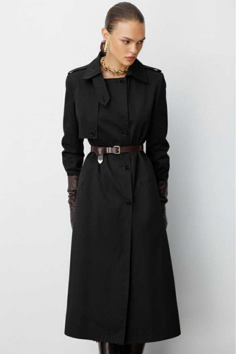 Mizalle Siyah Apoletli Klasik Maxi Mac Trençkot - Mizalle