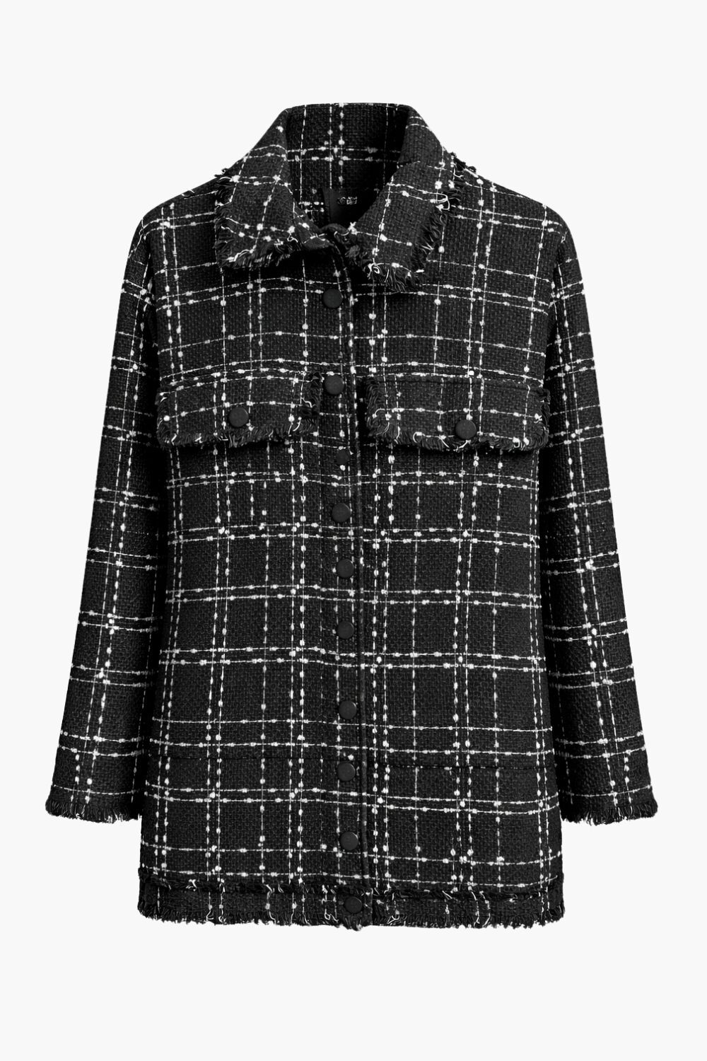 Mizalle Siyah Beyaz Tüvit Dokuma Çıtçıtlı Uzun Ceket - 5