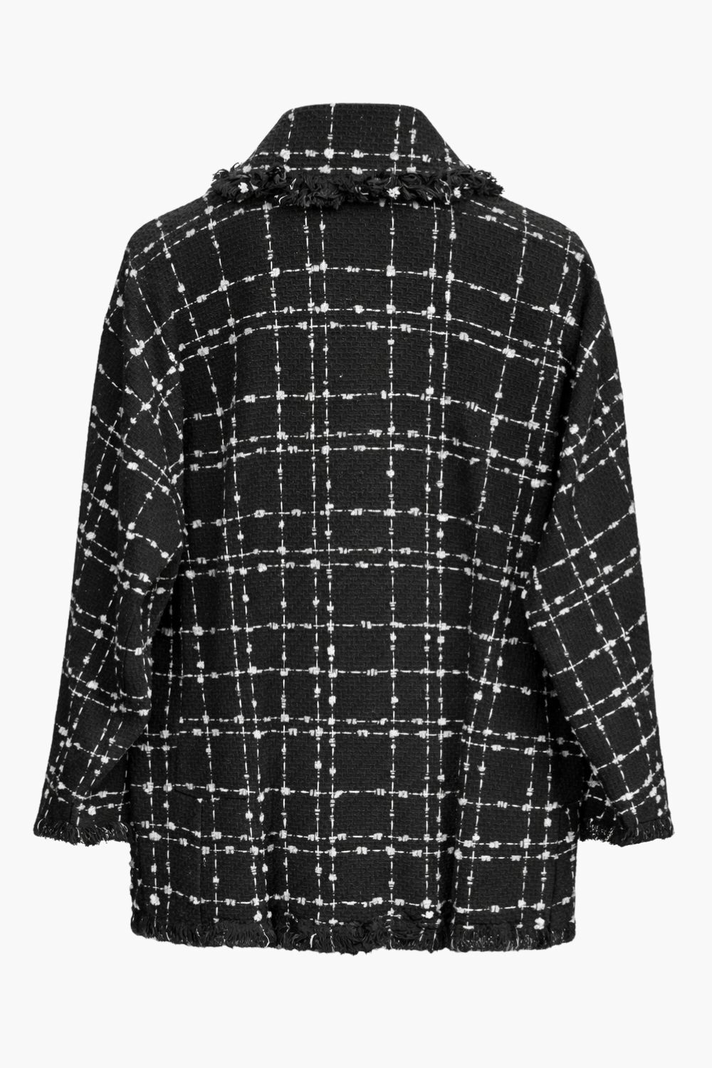 Mizalle Siyah Beyaz Tüvit Dokuma Çıtçıtlı Uzun Ceket - 6