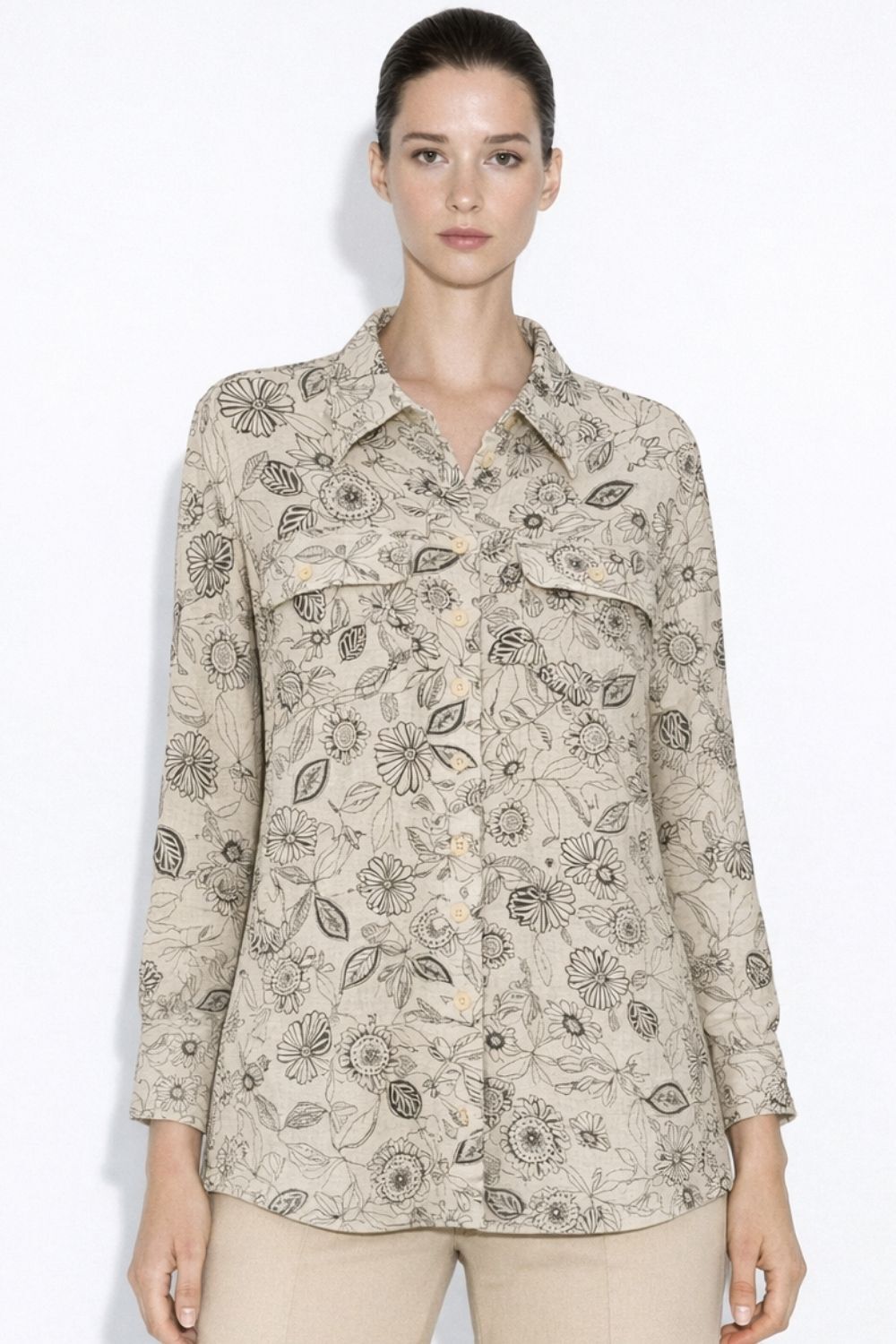 Mizalle Siyah Çiçek Desenli Keten Katışımlı Ekru Tunik - 1