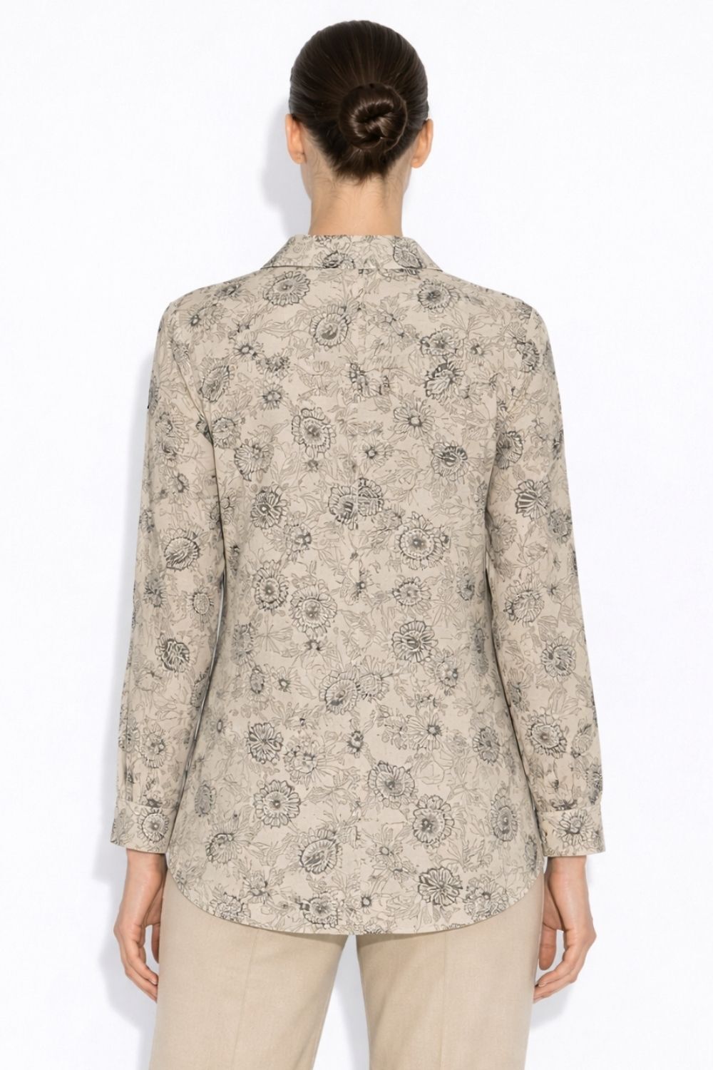 Mizalle Siyah Çiçek Desenli Keten Katışımlı Ekru Tunik - 2