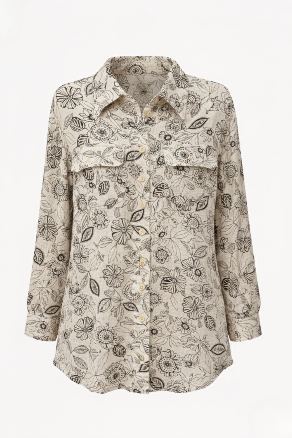 Mizalle Siyah Çiçek Desenli Keten Katışımlı Ekru Tunik - Mizalle