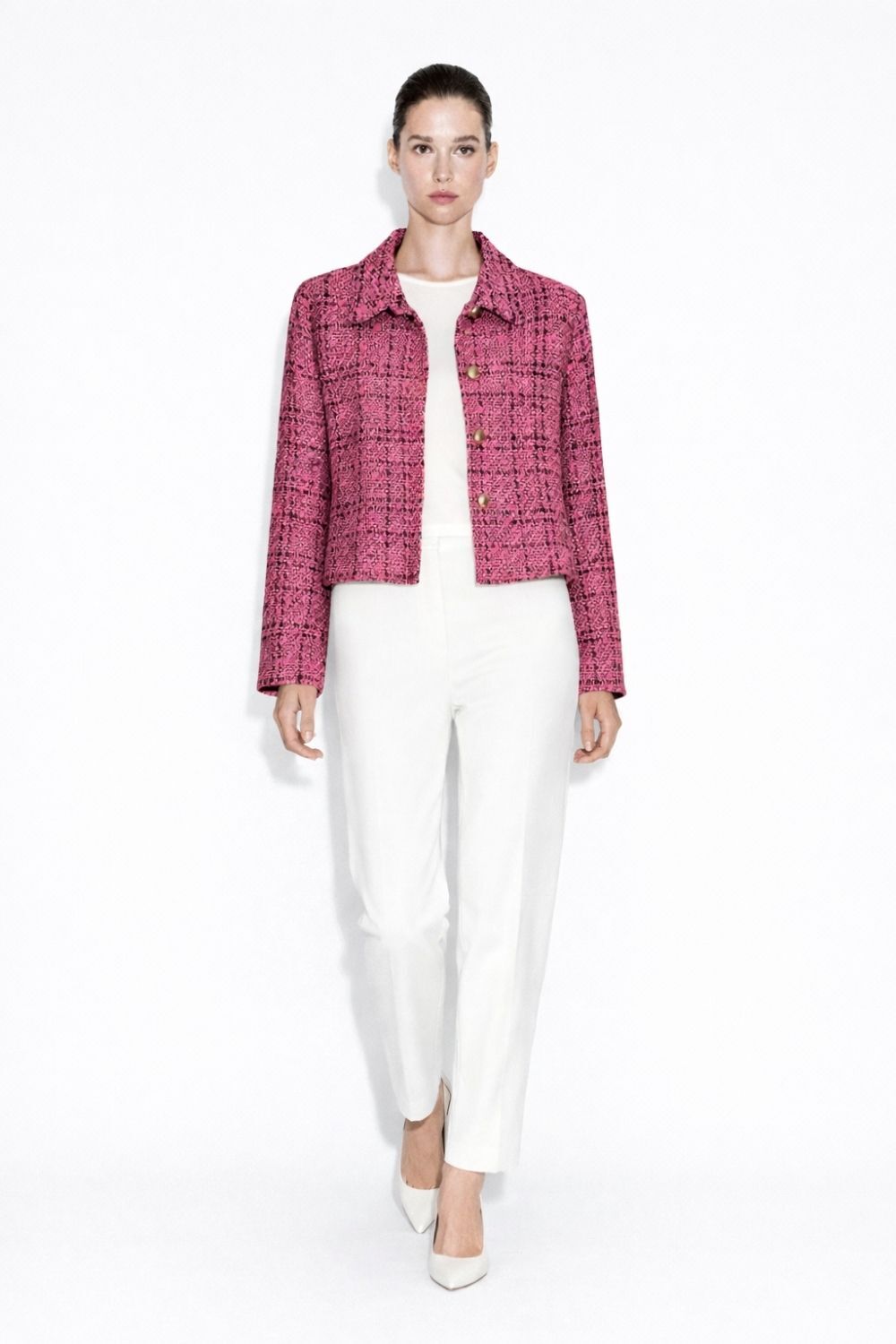 Mizalle Siyah Fuşya Tüvit Dokuma Gold Düğmeli Ceket - Mizalle