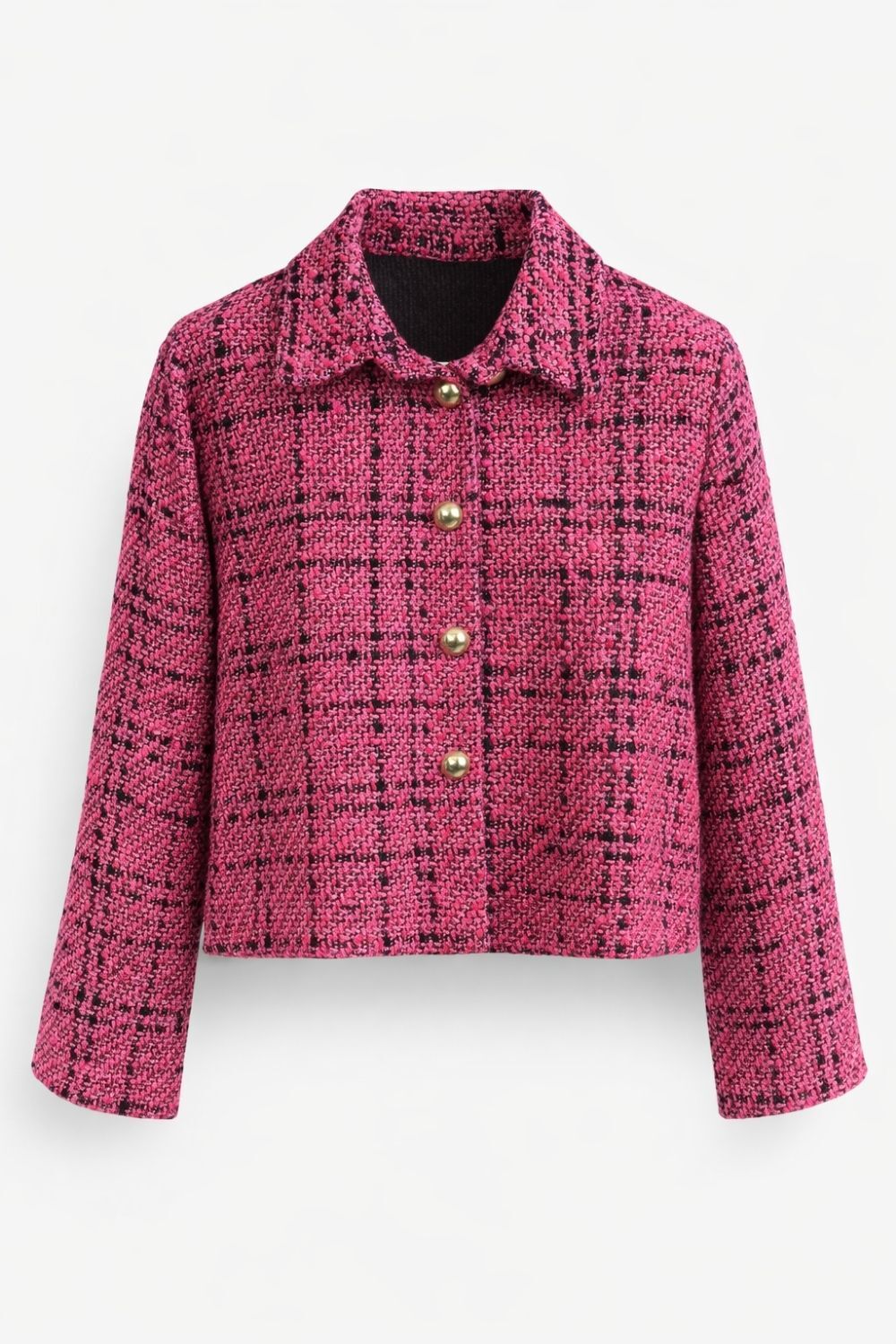 Mizalle Siyah Fuşya Tüvit Dokuma Gold Düğmeli Ceket - 4