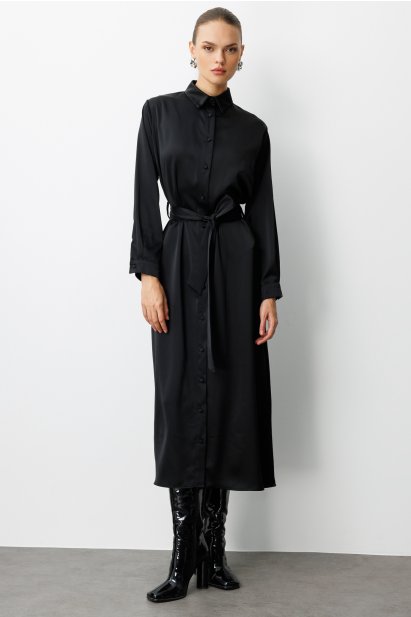 Mizalle Siyah Saten Maksi Gömlek Elbise - Mizalle