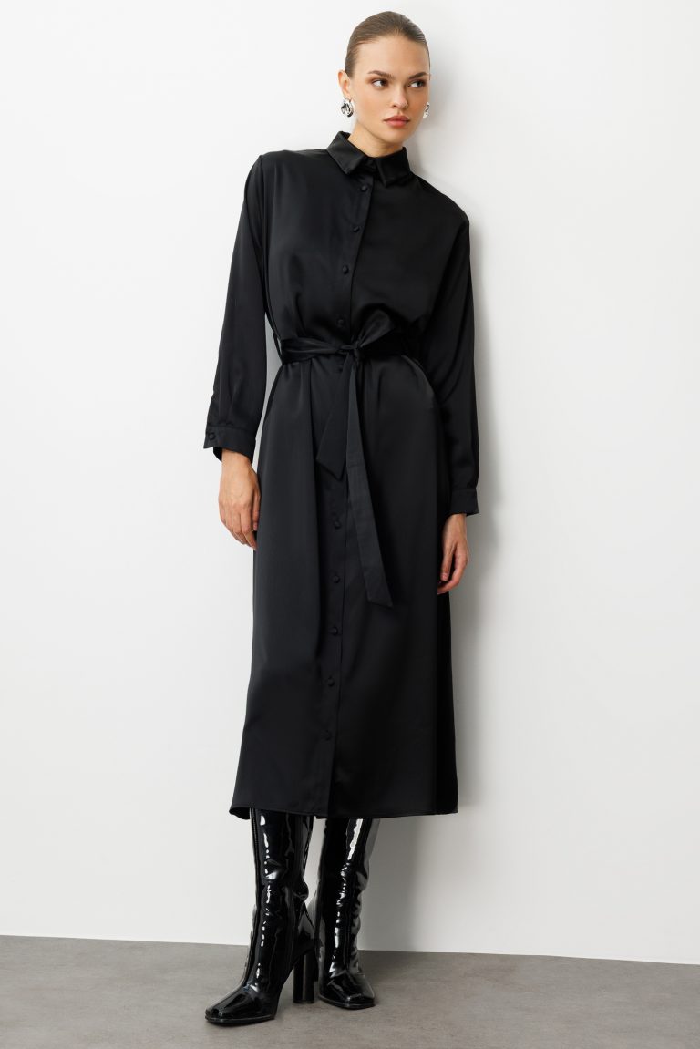 Mizalle Siyah Saten Maksi Gömlek Elbise - Mizalle