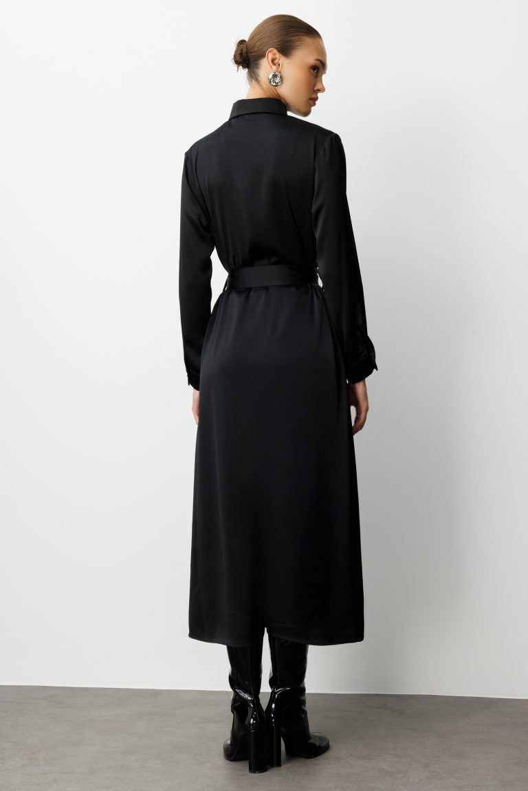 Mizalle Siyah Saten Maksi Gömlek Elbise - Mizalle