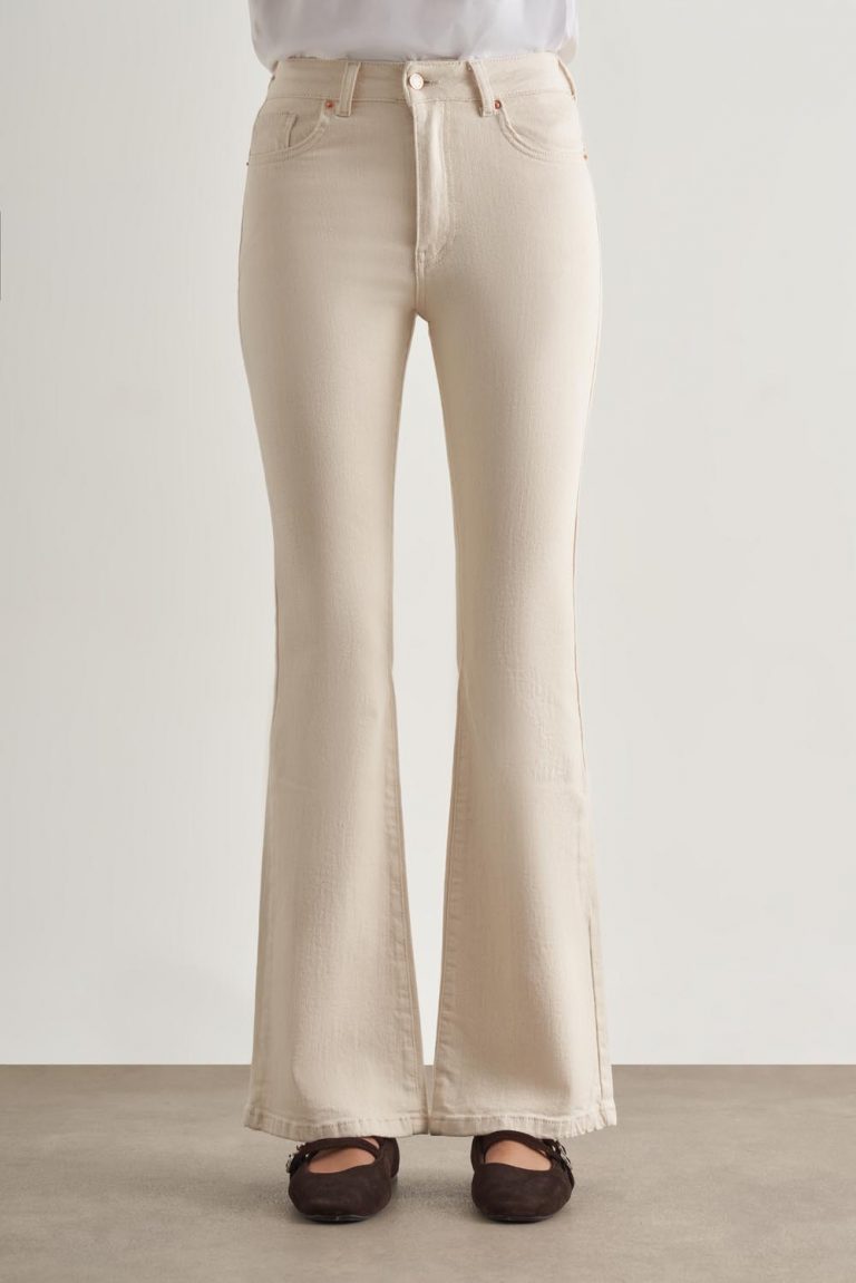 Mizalle Skinny Fit Flare Paça Ekru Denim Pantolon - Mizalle