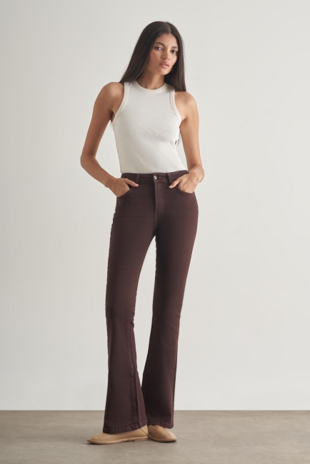 Mizalle - Mizalle Skinny Fit Flare Paça Kahverengi Denim Pantolon Mizalle - Mizalle Skinny Fit Flare Paça Kahverengi Denim Pantolon